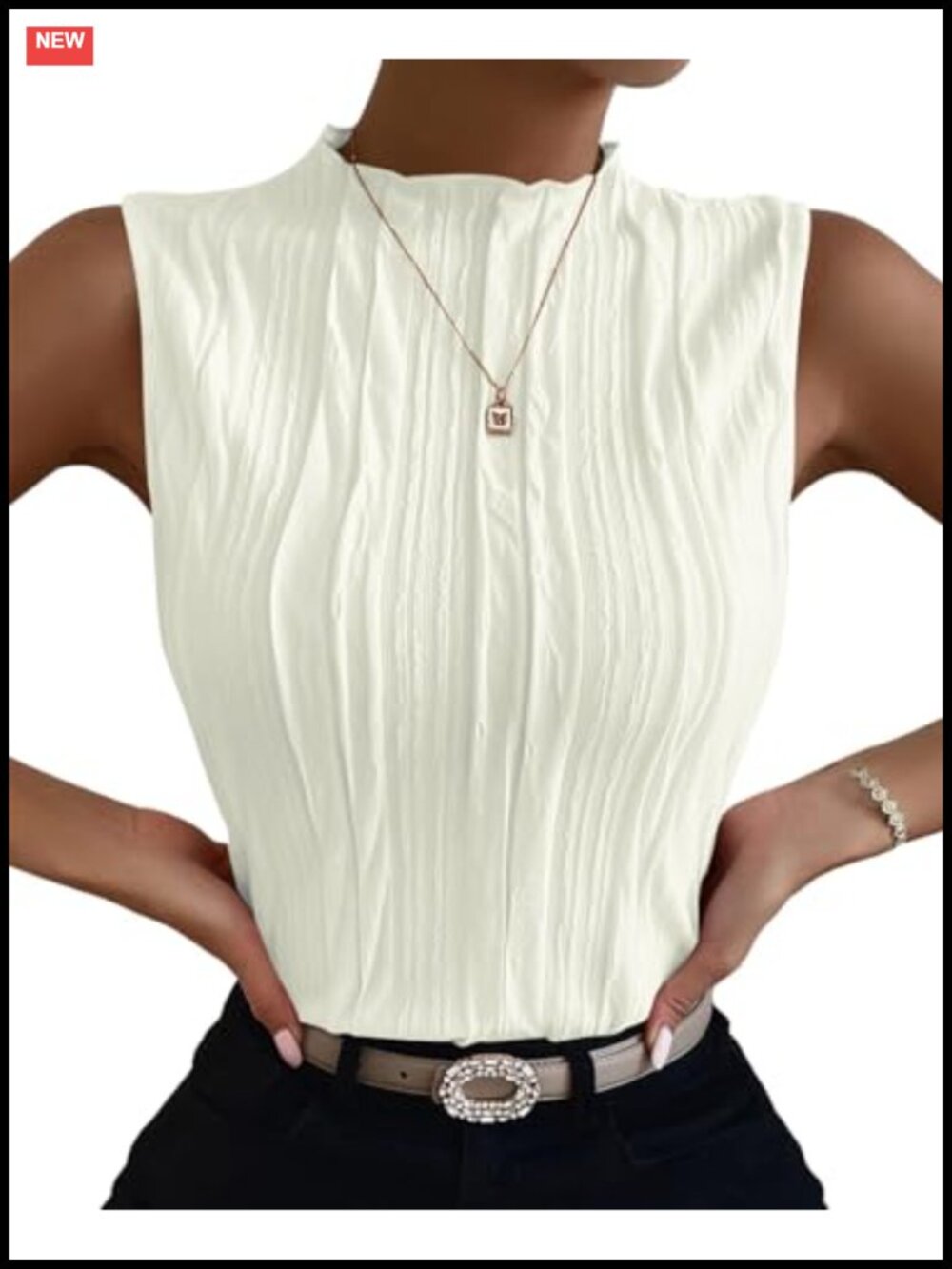 Textured Mock Neck Sleeveless Tank Top Slim Fit Lace Trim Summer Blouse